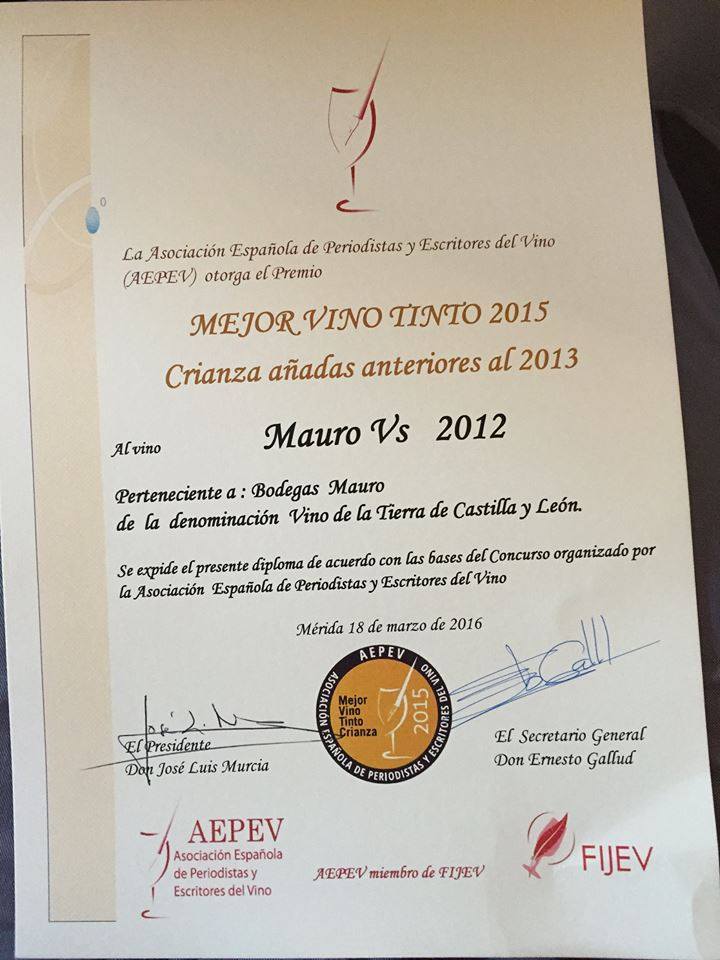 Certificado del galardón obtenido por Bodegas Mauro